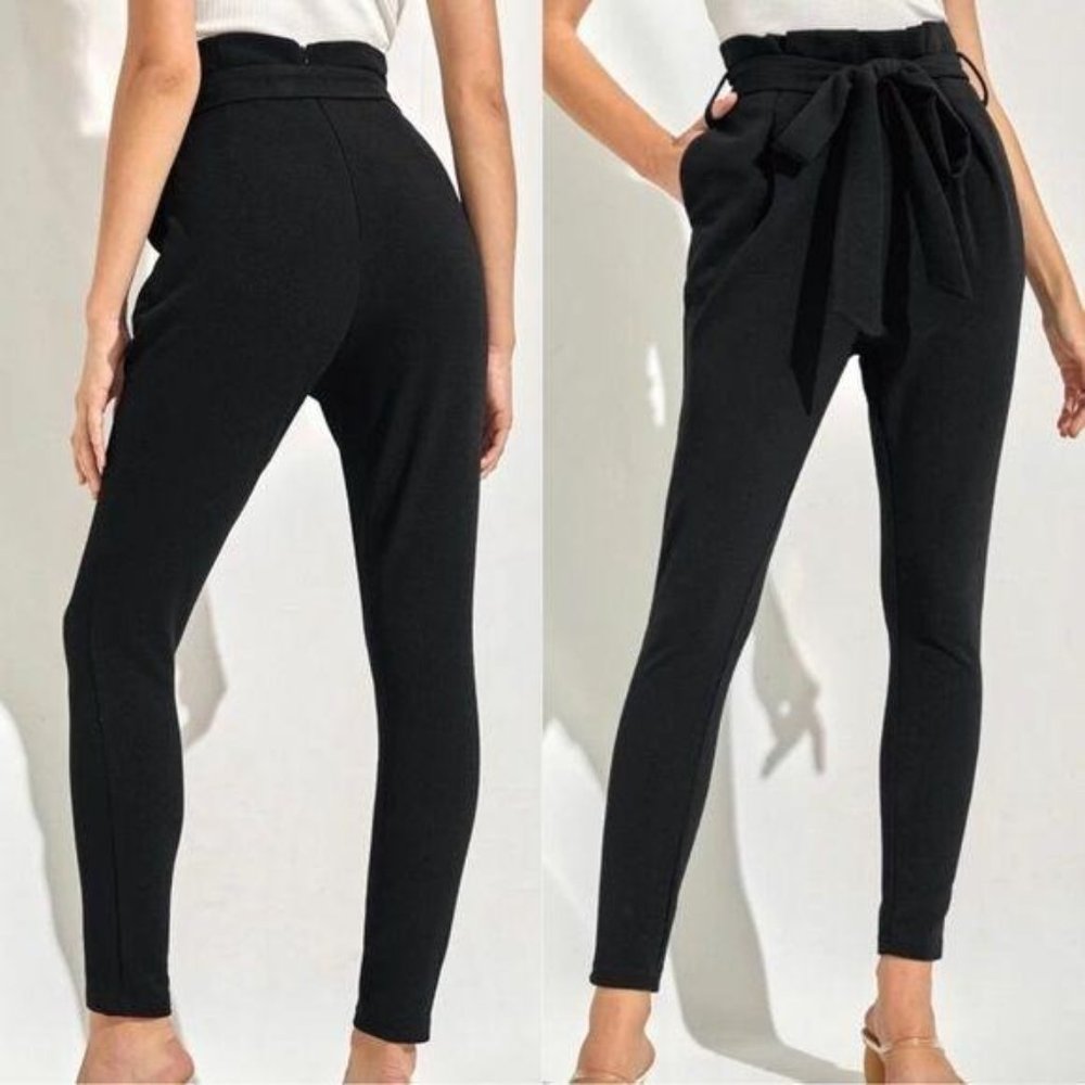 Paperbag pants belted skinny minimalist BLACK